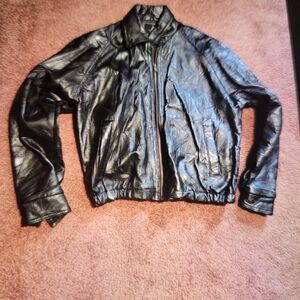 JM Collection Black Leather Bomber Vintage Jacket